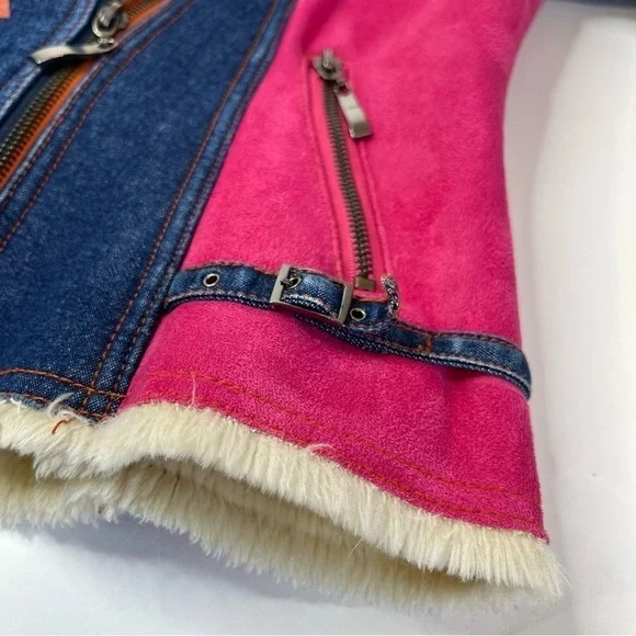 RARE Vintage Von Dutch Y2K Pink & Yellow Suede Blue Denim Faux Fur Bomber Jacket - Picture 11 of 16